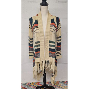 Vintage Demanding Cardigan Women's XS Beige Striped Fringe Trim Open Western